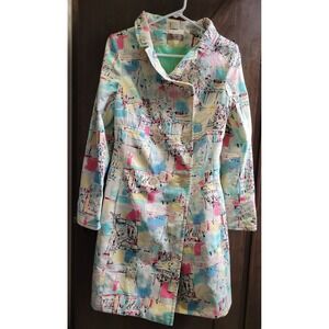 i.e. Womens Abstract Cityscape Print Cotton Trench Coat Pastel Double Breasted S